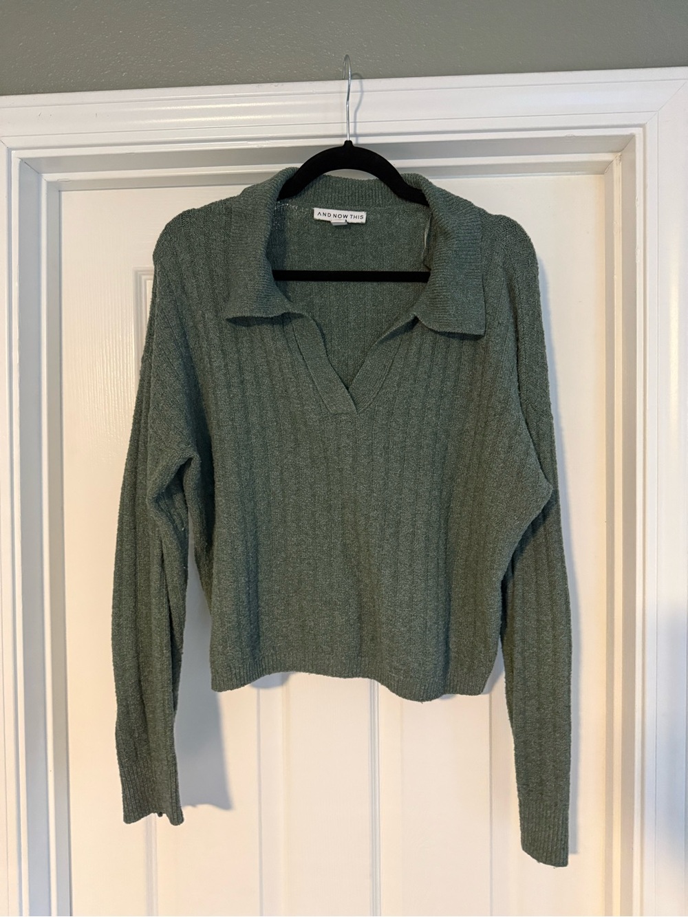 And Now This Olive Ribbed V-Neck Collared Sweater
